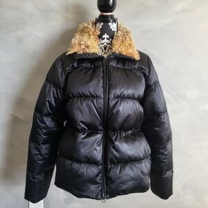 Ralph Lauren Rugby Black Down Puffer Cinch Waist Faux Fur Collar Bomber Coat L